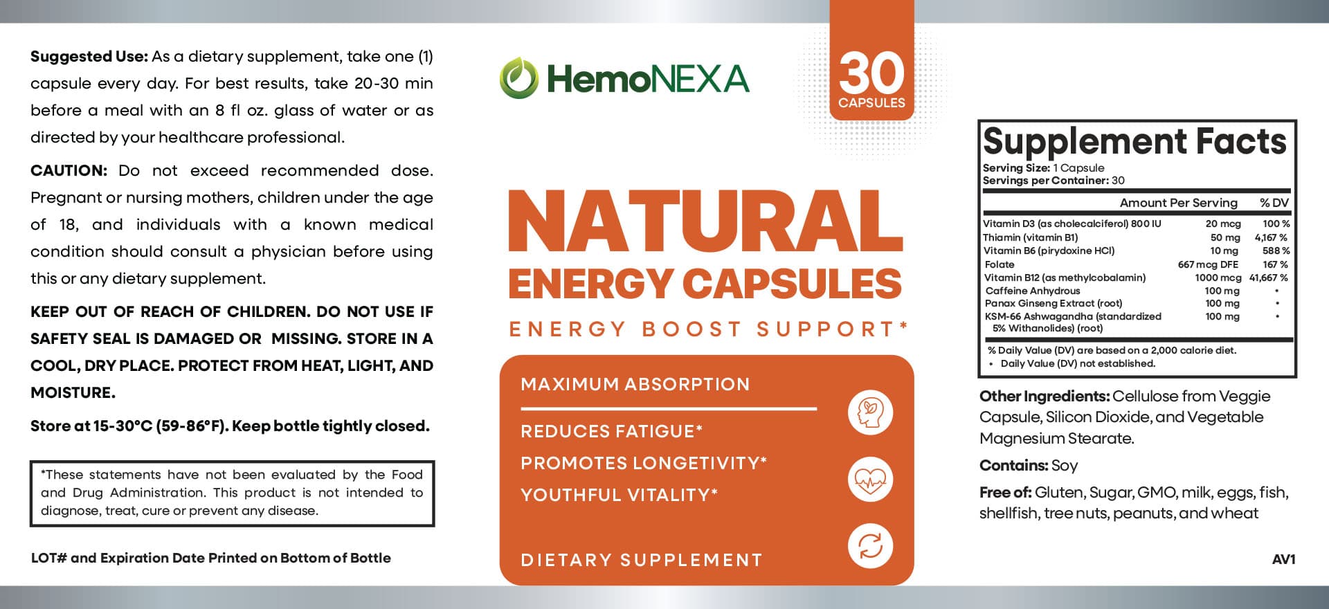 Natural Energy Capsules 1 Bottle supplement facts label