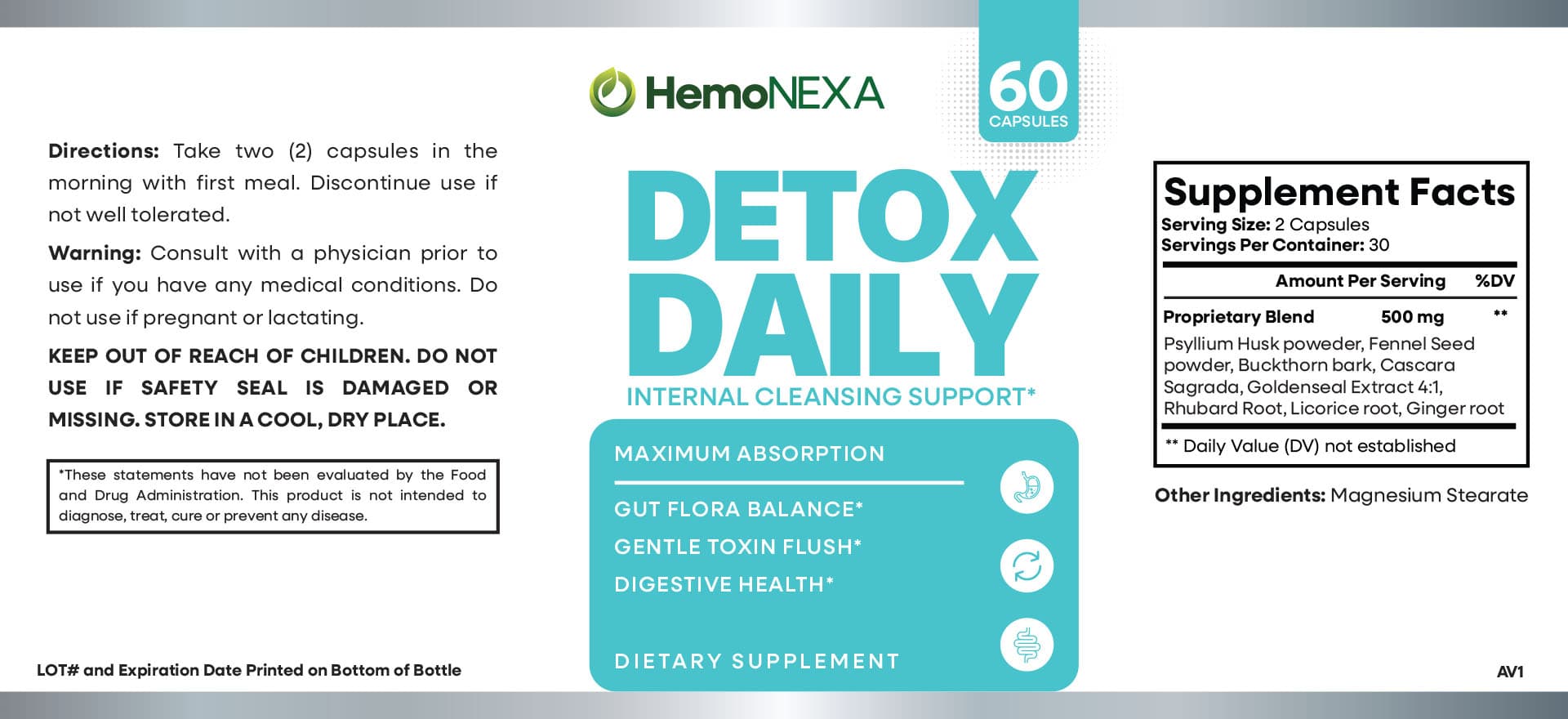 Detox Daily 1 Bottle supplement facts label